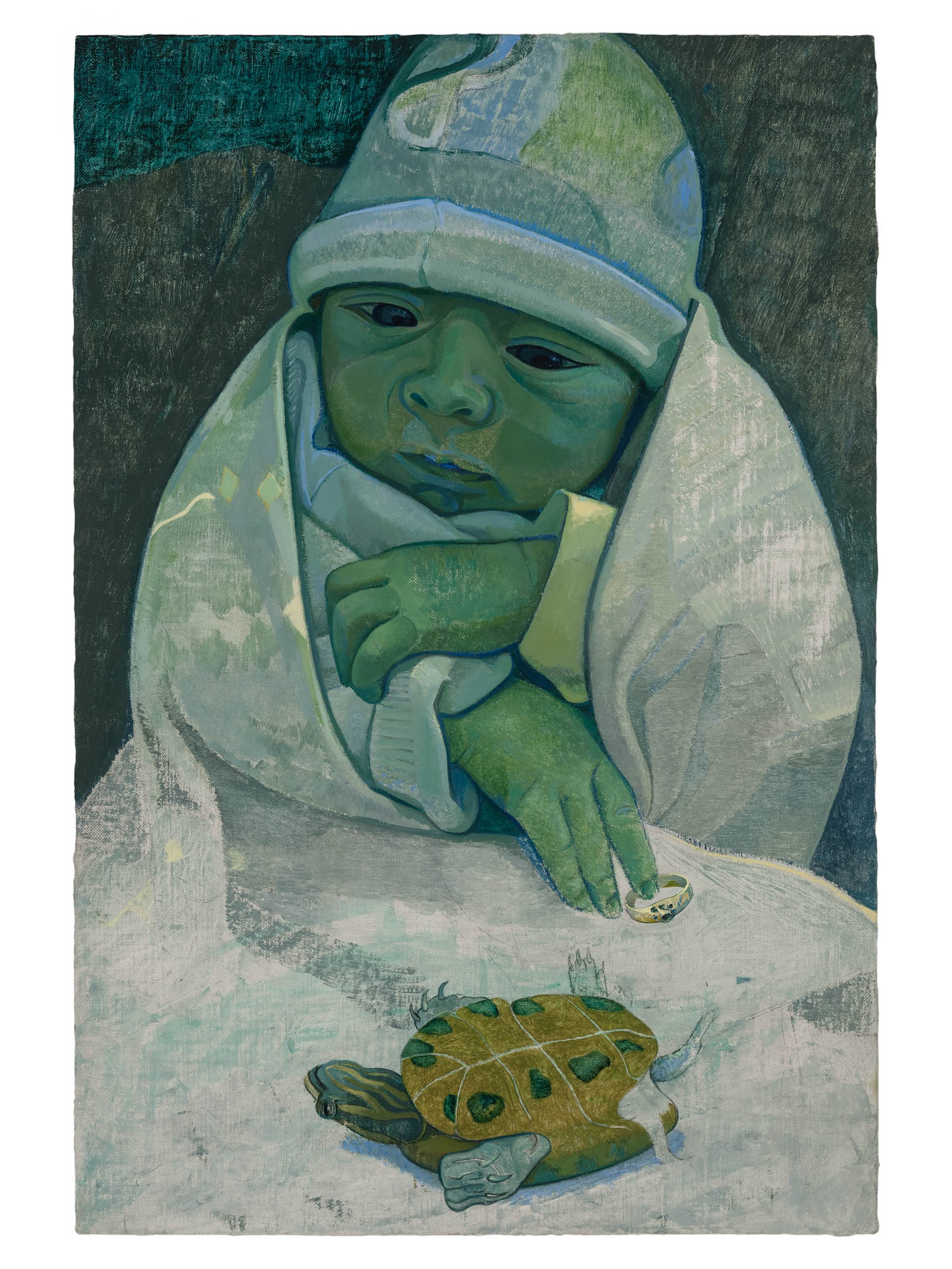 <i>R with Turtle</i>, 2018<br />Oil on canvas mounted on wood<br />14 1/8 x 9 1/2 inches (36 x 24 cm)<br />14 7/8 x 10 1/8 x 1 1/2 inches (37.8 x 25.8 x 4 cm) framed